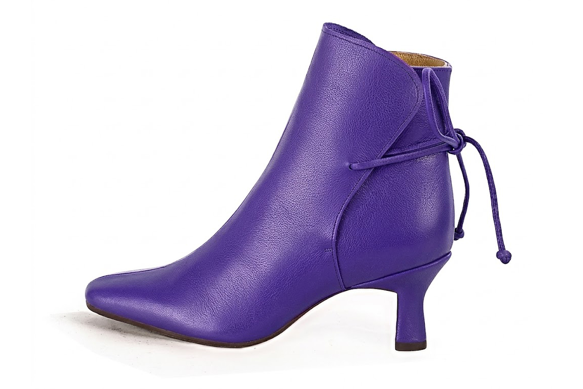 Feminine back lace-up ankle boots featuring romantic corset-style ties, designed for a striking silhouette from day to evening, in violet purple leather with square toe and mid spool heel - Florence KOOIJMAN